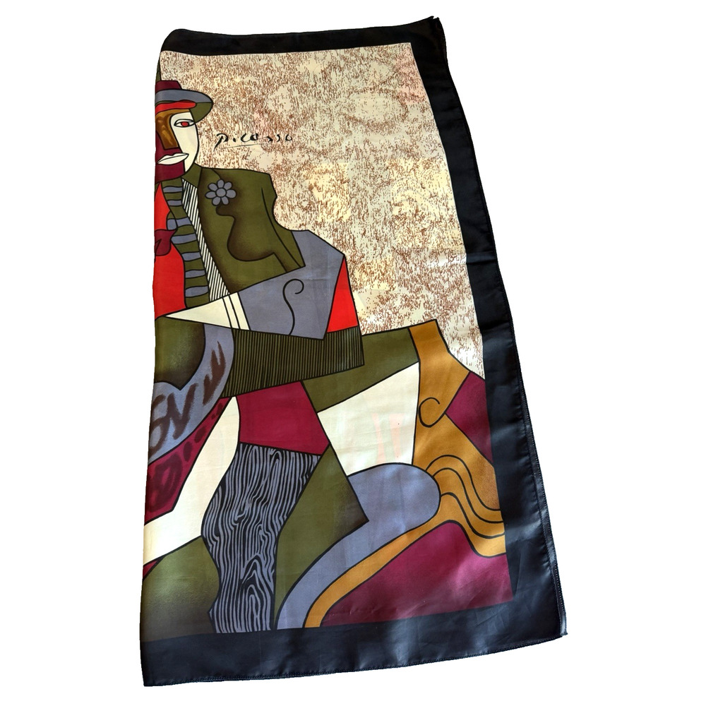 Vintage Picasso Style Scarf 34x34” Artsy heritage Satin Silk Feel - Picture 3 of 5